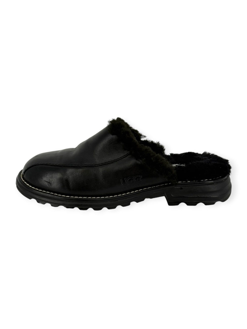 Vintage UGG Black Leather Shearling-Lined Slip-On Mule